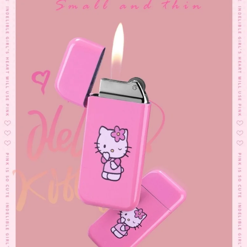 Hello kitty cute lady lighter metal creative grinding wheel open flame creative ultra-thin cigarette lighter trend birthday gift