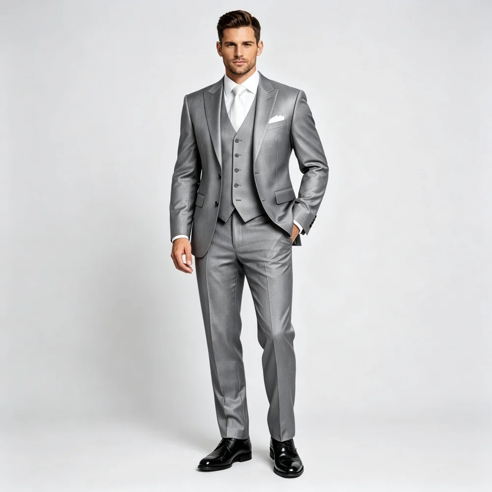 Luxury Silver Grey 3PCS Men Tuxedo Single Breasted Set 2027 Notched Slim Fit Groom Suit For Banquet Formal Event Made to Measure