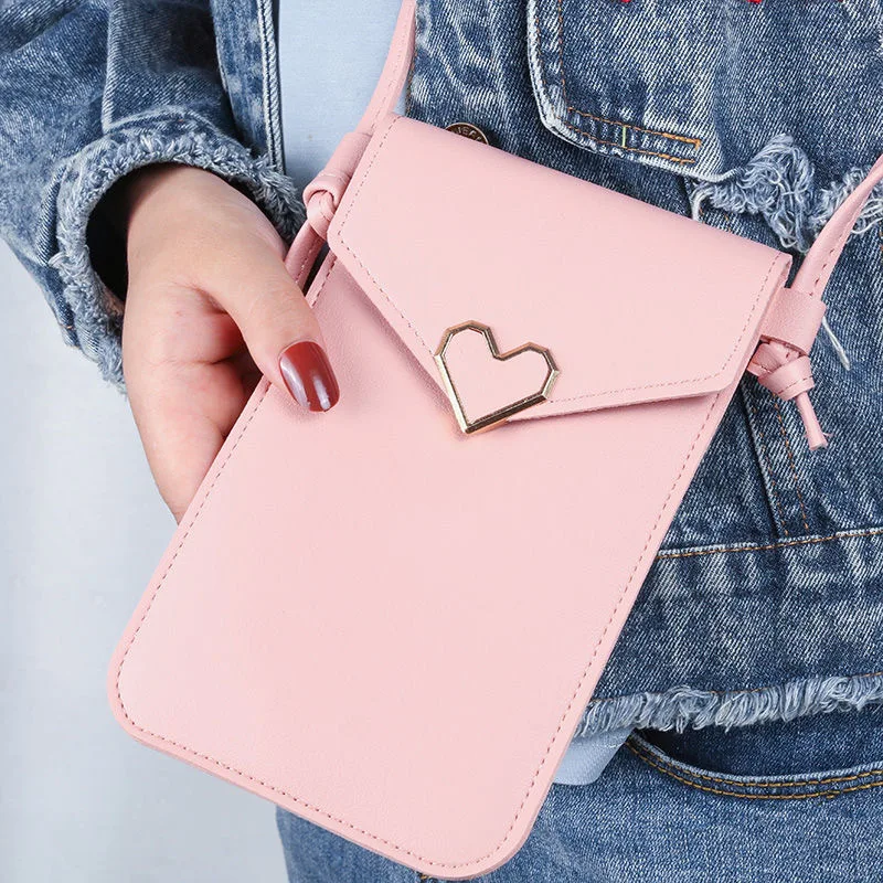 Student Mini Crossbody Women's Bag Women's Heart-Shaped Decoration Transparent Touch Screen Simple Retro Phone Bag
