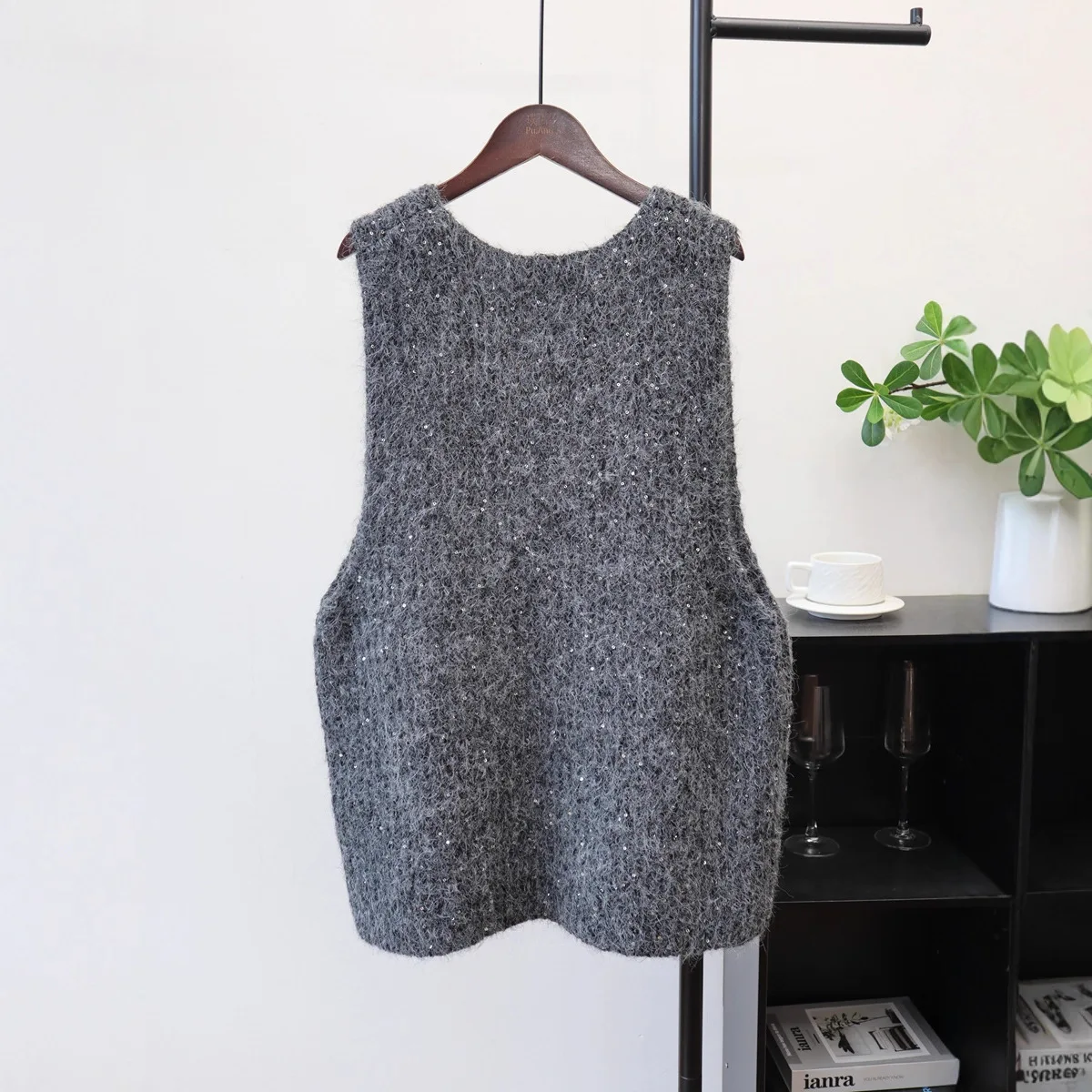 Solide femmes pull gilet manteaux paillettes pardessus sans manches col en V pull épais coupe ample bureau dame décontracté 2025 automne hiver