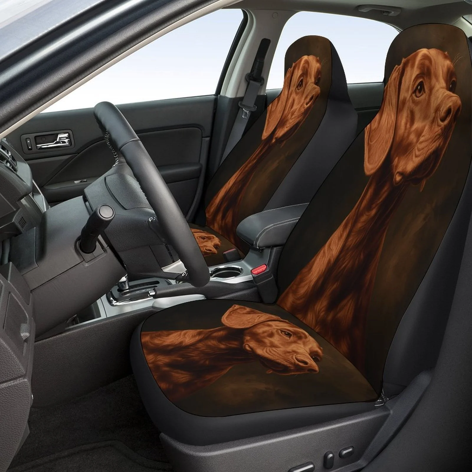 Set Of Car Seat Covers Featuring A Brown Dog Portrait, Designed To Fit Most Vehicles. These Stylish And Comfortable Covers Serve