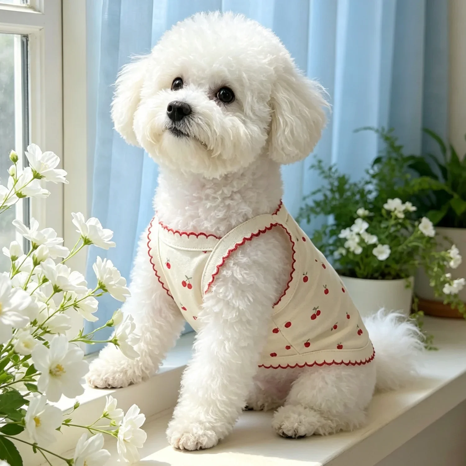 Sommerweste für kleine Hunde, niedliches Kirschmuster, Haustierkleidung, atmungsaktives ärmelloses Welpenshirt aus Baumwolle für Bichon Teddy Cat – Detail 9