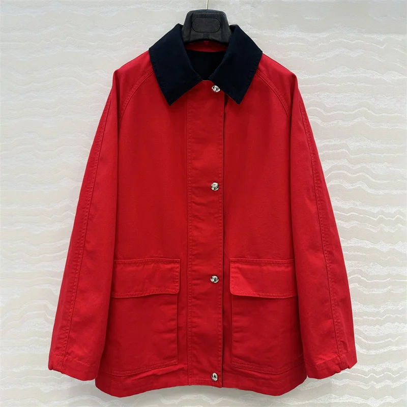 

Women's jacket New autumn 2025 color blocking patchwork lapel long sleeved top High quality pure cotton Women's coat outerwears