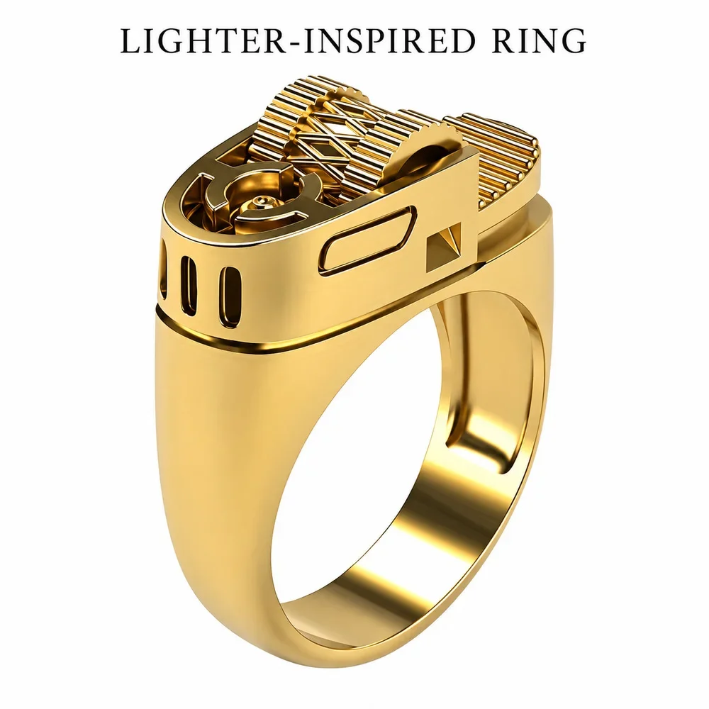 Unisex Lighter Inspired Fashion Ring, Chunky Plated Alloy Band with Detailed Top, Gold Silver Tone, Creative Gift Accessory