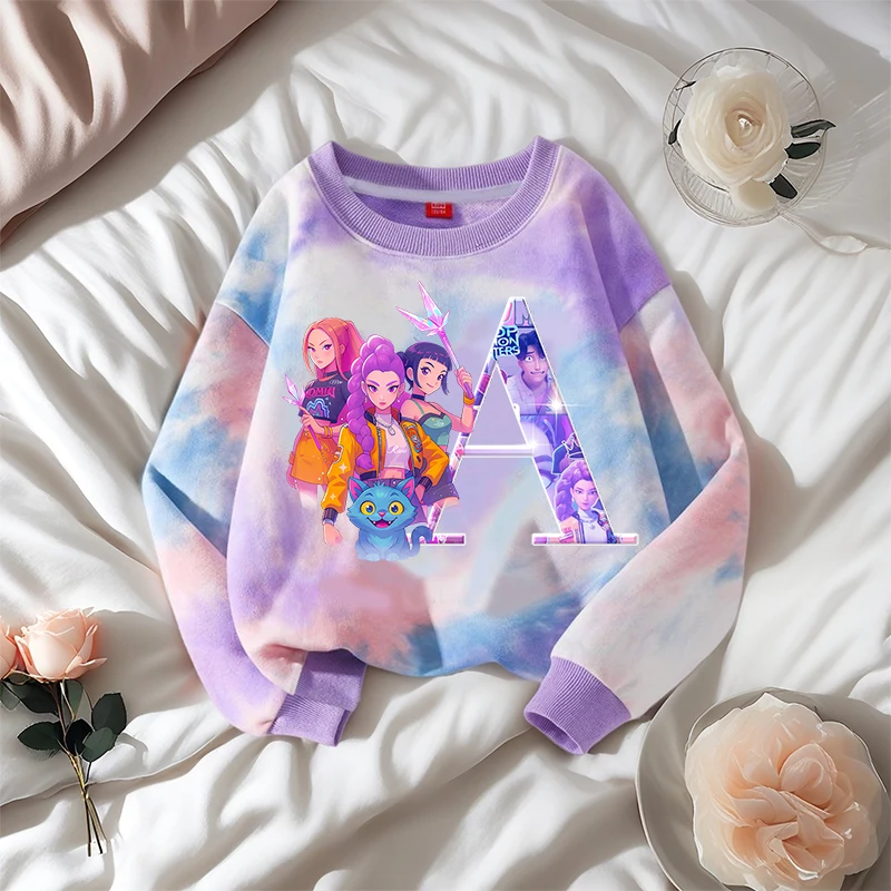 K Pop Demon Hunters Детский свитшот для девочек с мультяшным буквенным принтом для детей Милый аниме Тай-дай Универсальные тонкие топы с круглым вырезом Новые подарки K Pop Demon Hunters Детский свитшот для девочек с мультяшным буквенным принтом для детей Милый аниме Тай-дай Универсальные тонкие топы с круглым вырезом Новые подарки