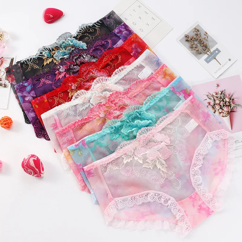 M-3L Plus Size Women Floral Embroidery Lace Underwear Mid Waist Sheer Mesh Panties Floral Print Breathable Briefs Lingerie