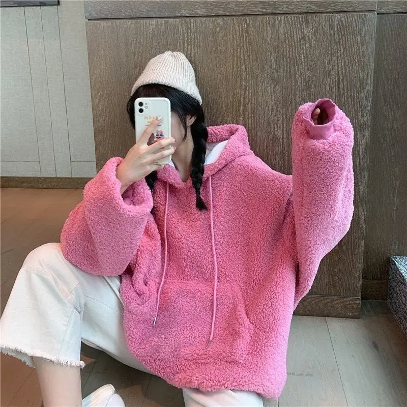 Autumn Winter Hot Pink Lamb Sweatshirts Women Hoodie Streetwear Long Sleeve Thick Warm Pullovers Woman Fluffy Oversized Tops