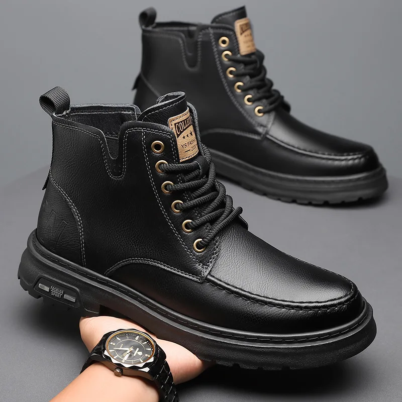 Autumn Winter Cow Leather Platform Boots for Men Designer Casual Work Shoes Male Outdoor High Top British Style Ankle Boots Man