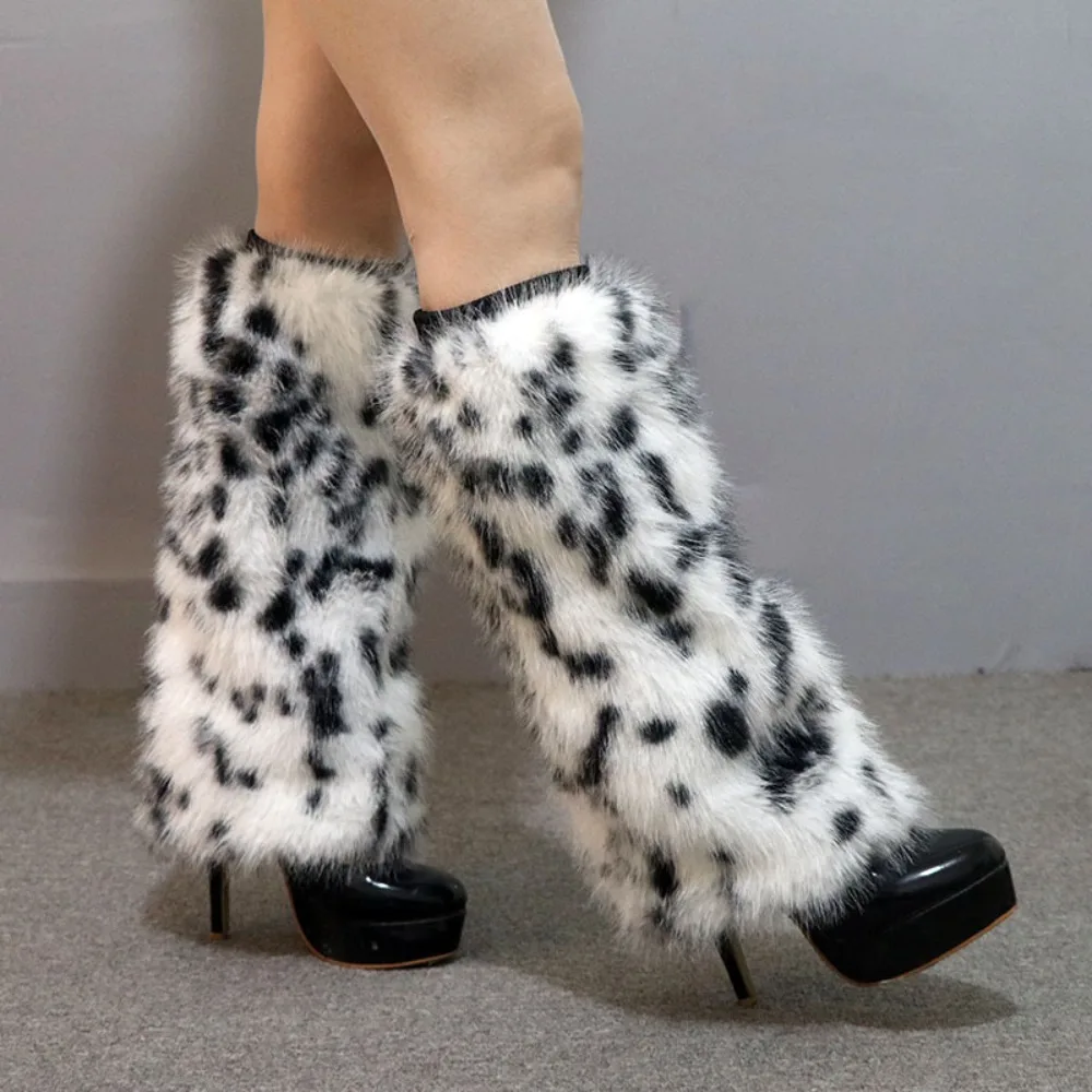 Fashion Faux Fur Leopard Leg Warmers Thickened Y2K Long Tube Stockings Japanese Style Sweet Plush Boots Cover Lolita JK