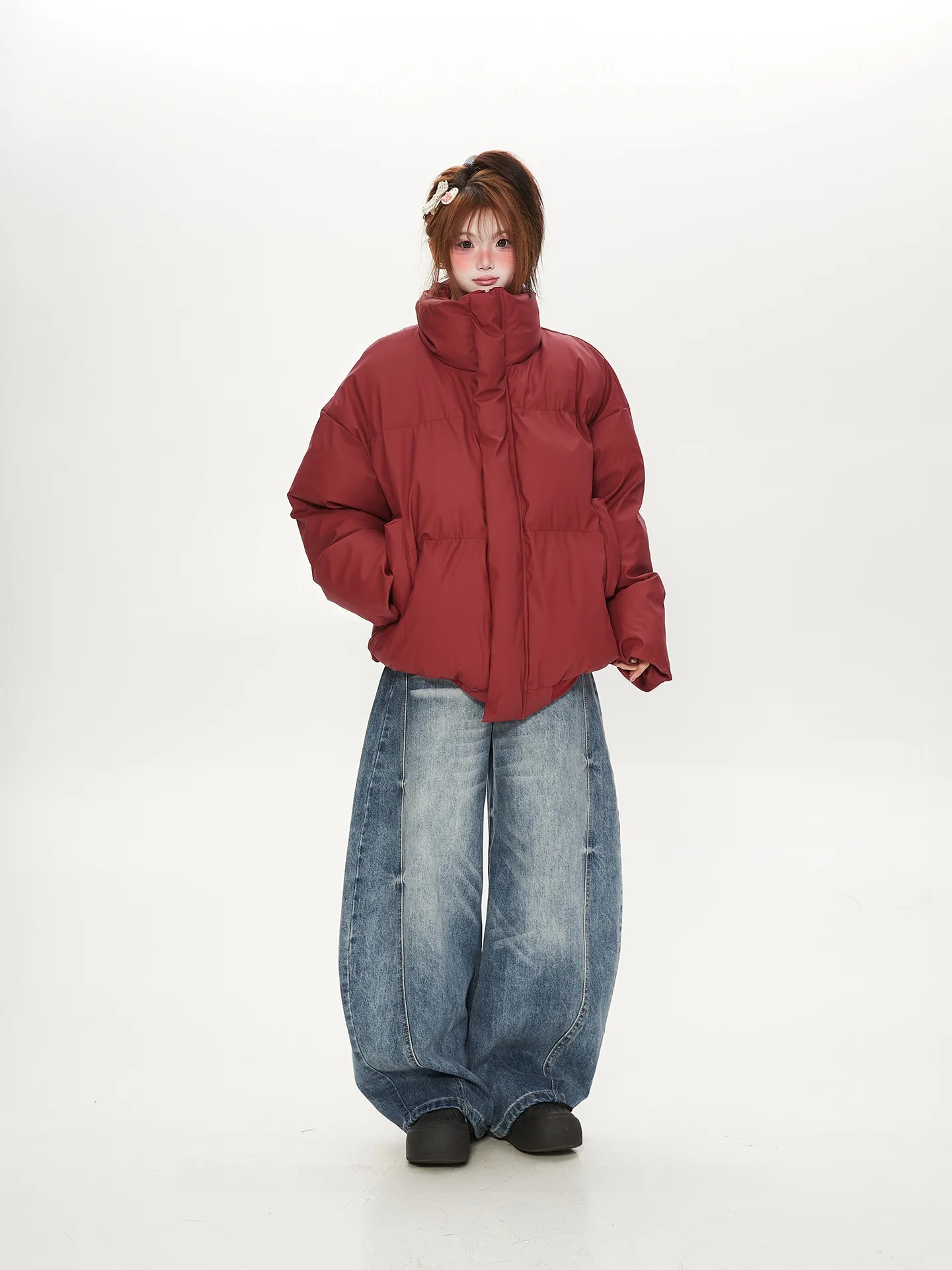 

Warm Red Cotton Jaet Women's Casual Sle Winter Coat Windproof High Street Faion Commute Korean Loose Fit Zipper Closure