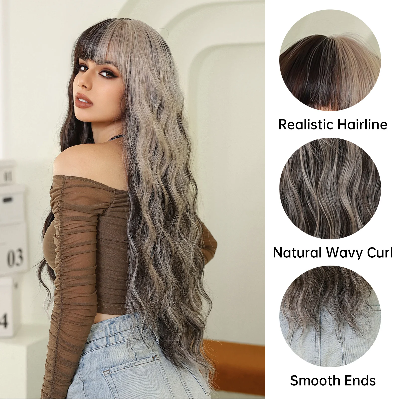 LOUIS FERRE Synthetic Wigs for Women/Girls Black Gray White Highlights Wavy Hair Long Curly Wigs With Bangs for Cosplay Use