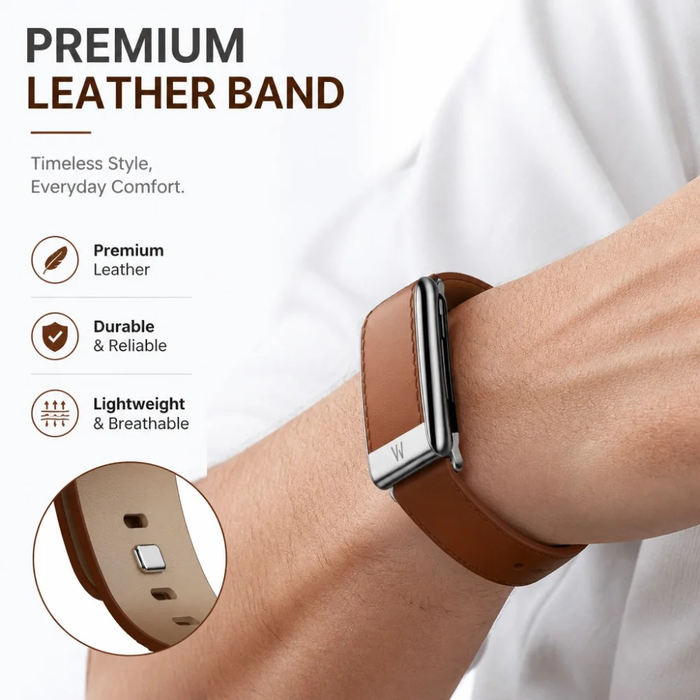 WHOOP 5.0 MG Premium Genuine Leather Wristband Studded Replacement Strap Metal U Shape Frame Casual Watch Band