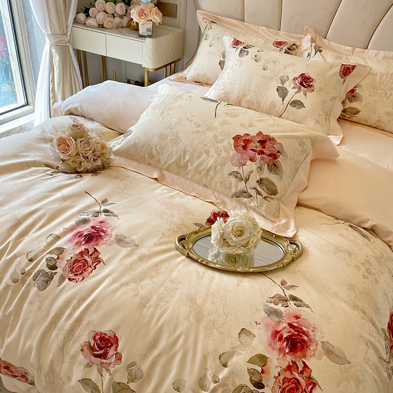 French Vintage Rose Print Bedding Sets, 1000TC Egyptian Cotton, Soft Silky Flower Pattern,Duvet Cover Set,Bed Sheets,Pillowcases