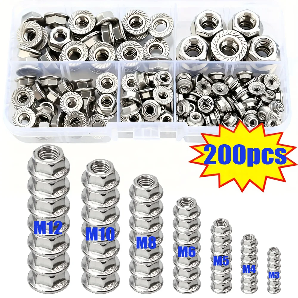 200-teiliges Edelstahl-Sechskant-Flanschmuttern-Set M3-M12, für die Wartung von mechanischen Teilen und für den Bau im Außenbereich.