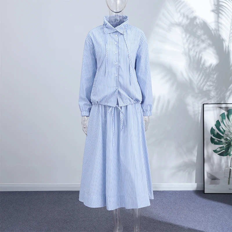 Chic Striped Women's Jacket Skirts Suit Stand Collar Drawstring A-Line Skirts Lady Set 2026 Summer Autumn 2 Pieces Set Women New