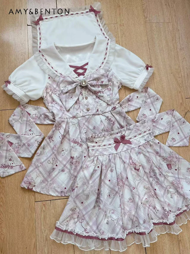 

Japanese Sweet Mine Series Mass-produced Lolita Suit Cute Navy Collar Bubble Sleeve Cartoon Print Dress Mini Skirt Two-piece Set