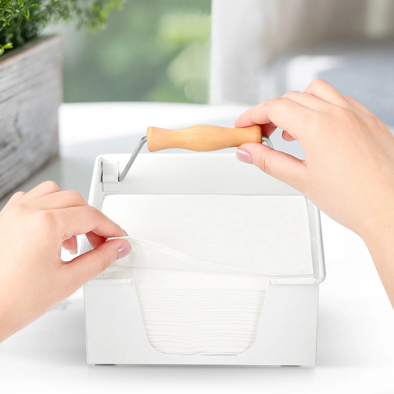 

Tissue Holder Napkin Container with Wooden Arm Slide Design Easy Clean Space Saving for Home Bar Coffee Table Picnic Blanket