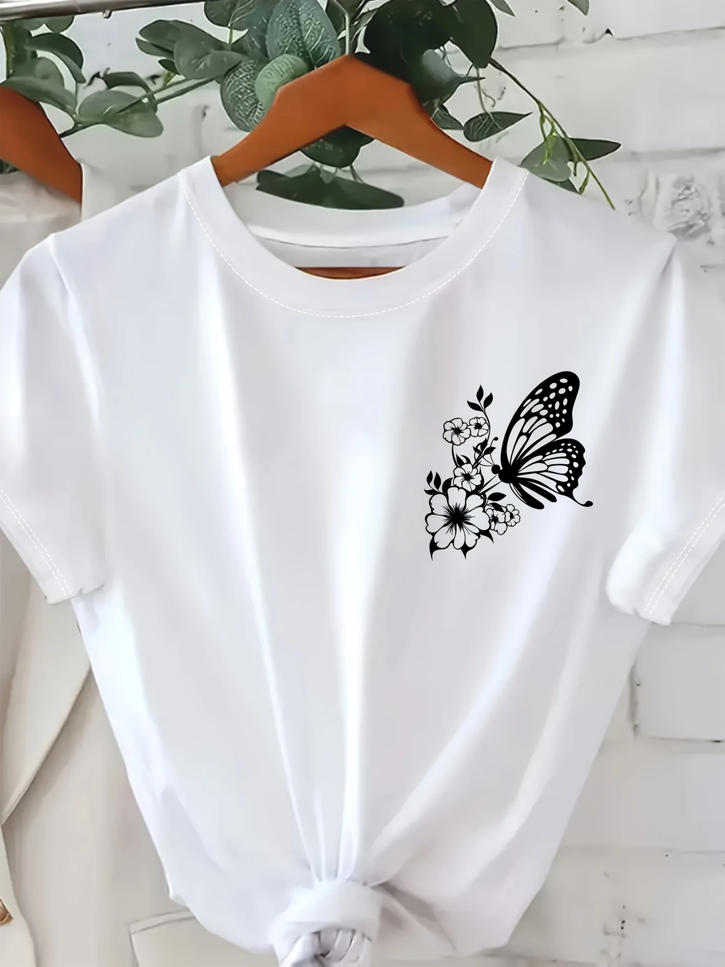

Girl Cartoon Unisex Tops Short Sleeve Streetwear Women Crew Neck Tees Female Vibrant Orange with White Butterfly Print T-shirt
