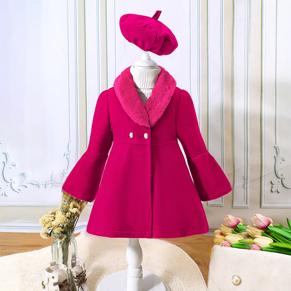 Mädchen-Herbst-Wintermantel, neue einfarbige Jacke für Mädchen mit Baskenmütze, warme, mittellange Oberbekleidung für Herbst und Winter. – Detail 7