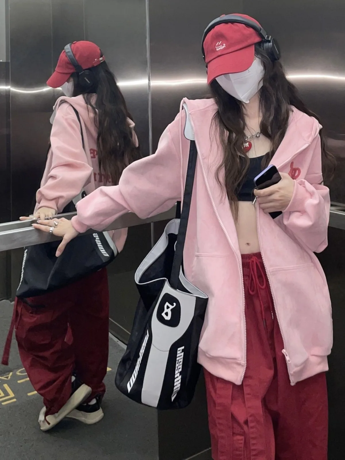 Retro Zipper Up Hoodie Y2K Clothes Pink Harajuku Hip Hop Oversized Little Devil Hoodie Sweatshirt Women Casual Zip Jacket Tops