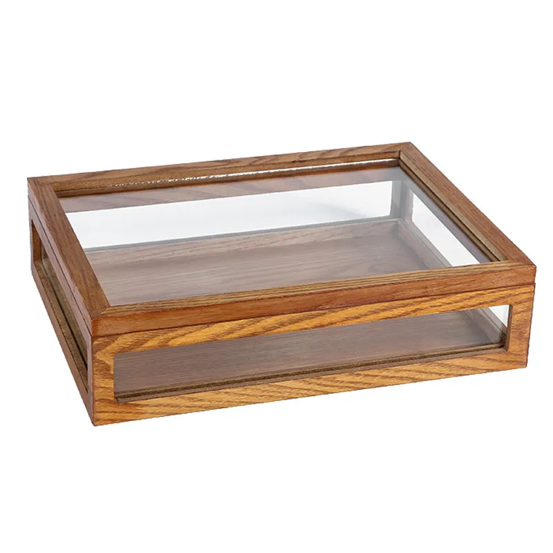 For solid wood dustproof open lid transparent display box glass storage box cosmetics jewelry finishing retro wooden