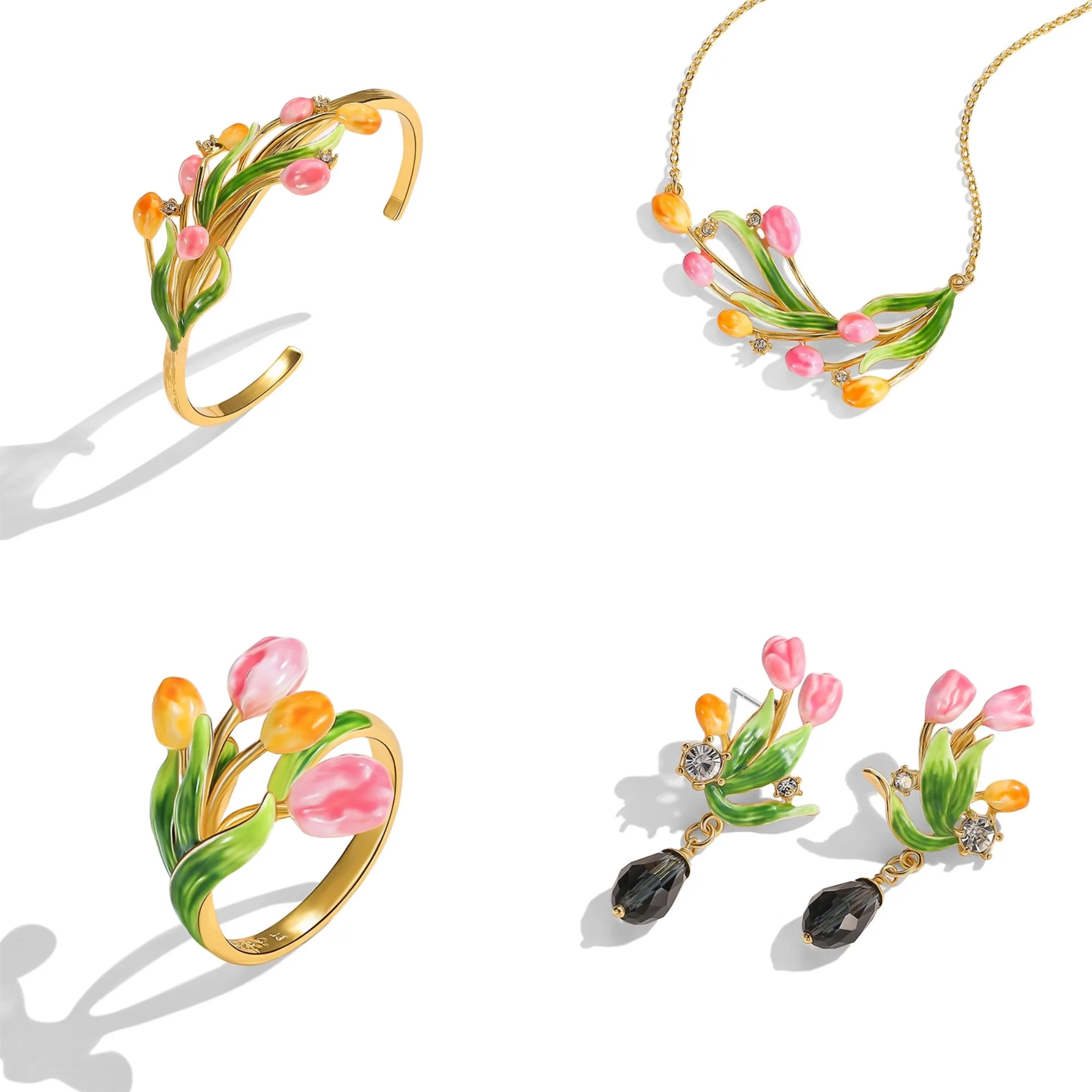 

Juicy Grape Tulip Jewelry Set Pink Floral Necklace Bracelet Ring Earrings Enameled Delicate Women's Gift 2026 New Style Jewelry