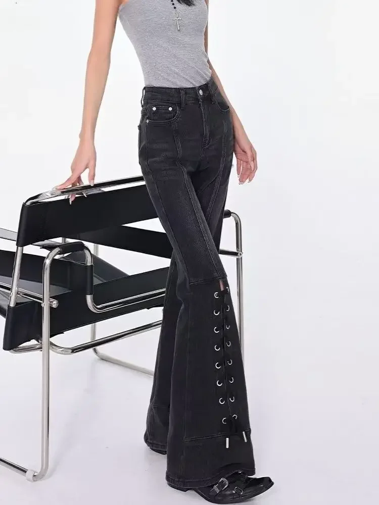 High Street Lace Up Gothic Schwarz Flare Jeans Frauen Y2k Goth Slim Fit Vintage Denim Hosen Streetwear Y2k Casual Hosen