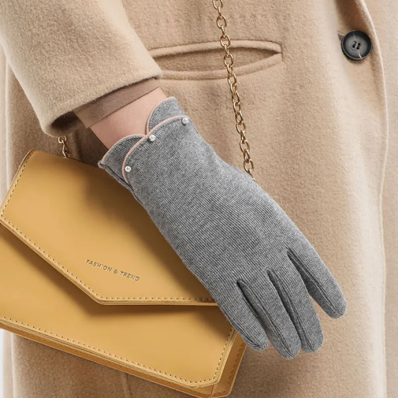 Autumn Winter Thin Fashion Elegant Pearl Wrist Solid Keep Warm Touch Screen Women Soft Gloves Drive Cycling Cold Protection