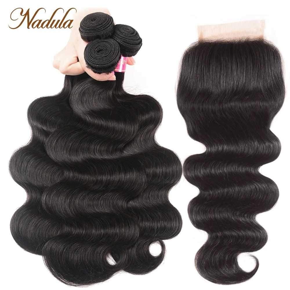 Nadula Body Wave Bundels Met 4*4 Gratis Deel/Middelste Deel/Drie Deel Vetersluiting Indian Haar remy Haar Bundels Met Sluiting