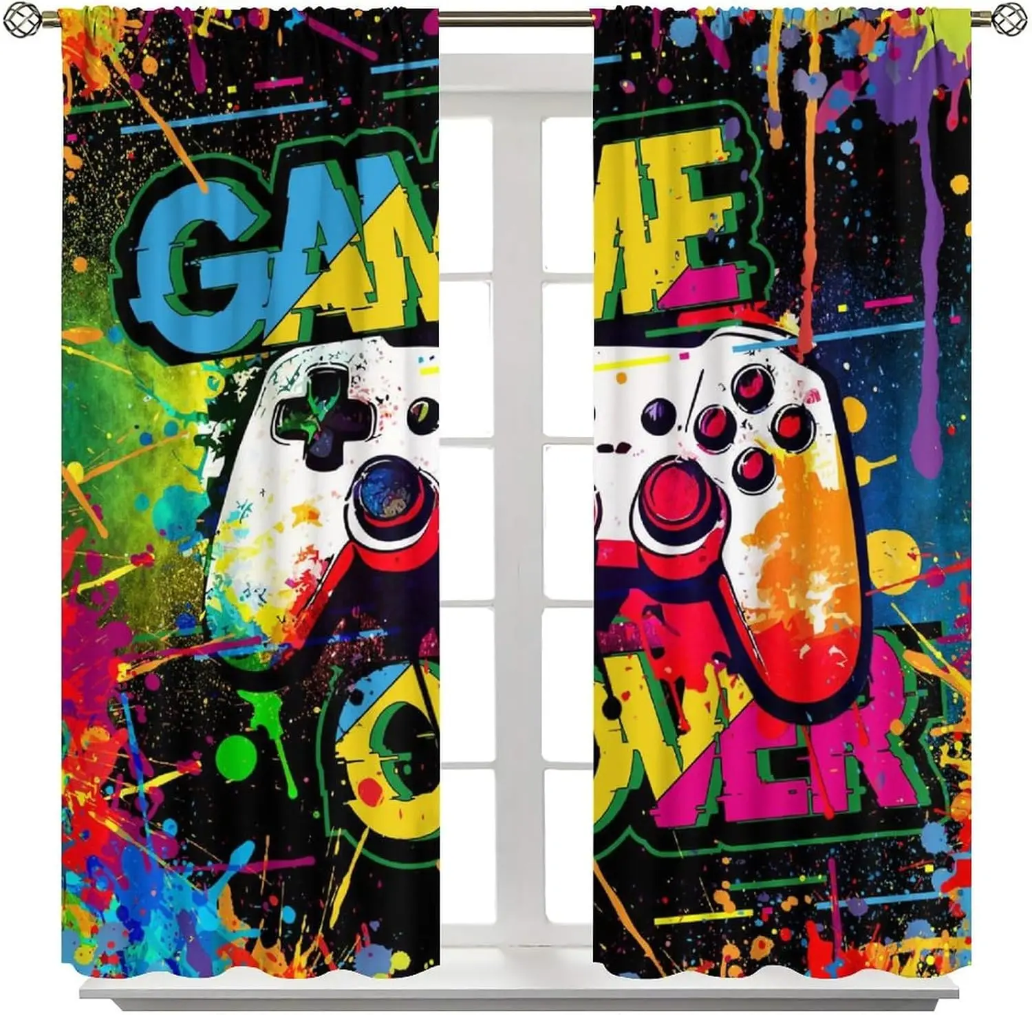 Gamepad Curtains, Modern Dazzling Lightning Colour Pigment Creative Cartoon Video Game Button Decor Window Treatments, Thermally