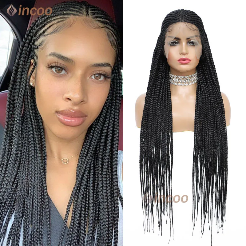 Peruca Lace Front Cornrow Tranças para Mulheres, Perucas Trançadas Sintéticas, Cabelo Trançado, Caixa Sem Nós, Peruca Ombre, 13x8, 36"