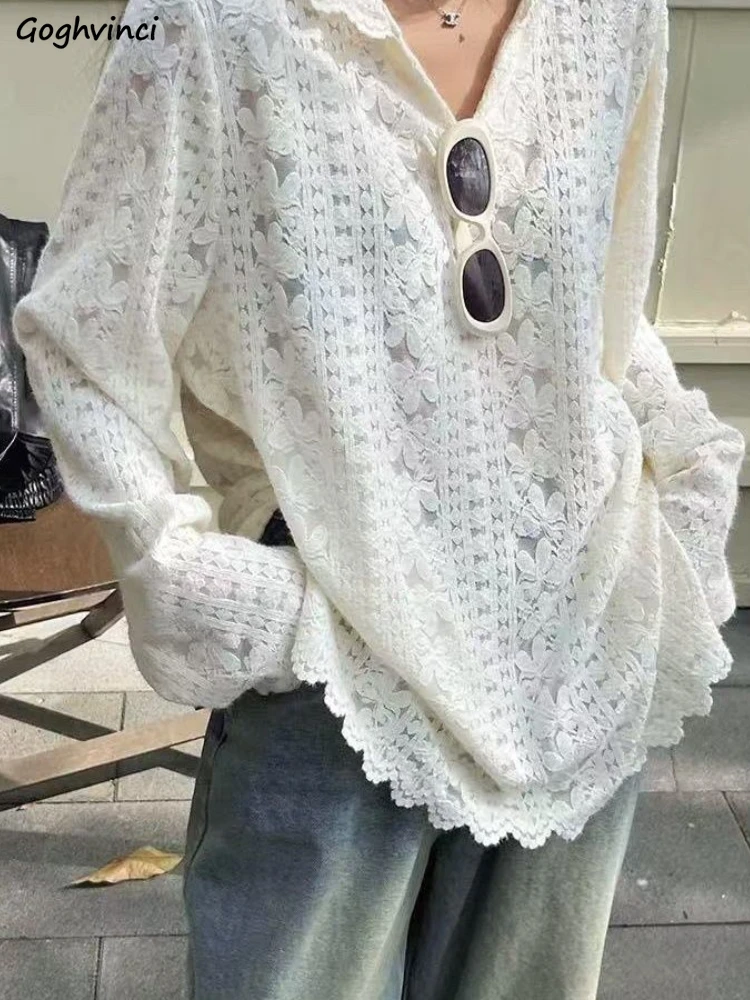 

Белые толстовки с кружевом, вязаные, свободный крой, дизайн, весенний корейский стиль, элегантный, с длинными рукавами, дышащий, универсальный, эстетичный, женский, шик