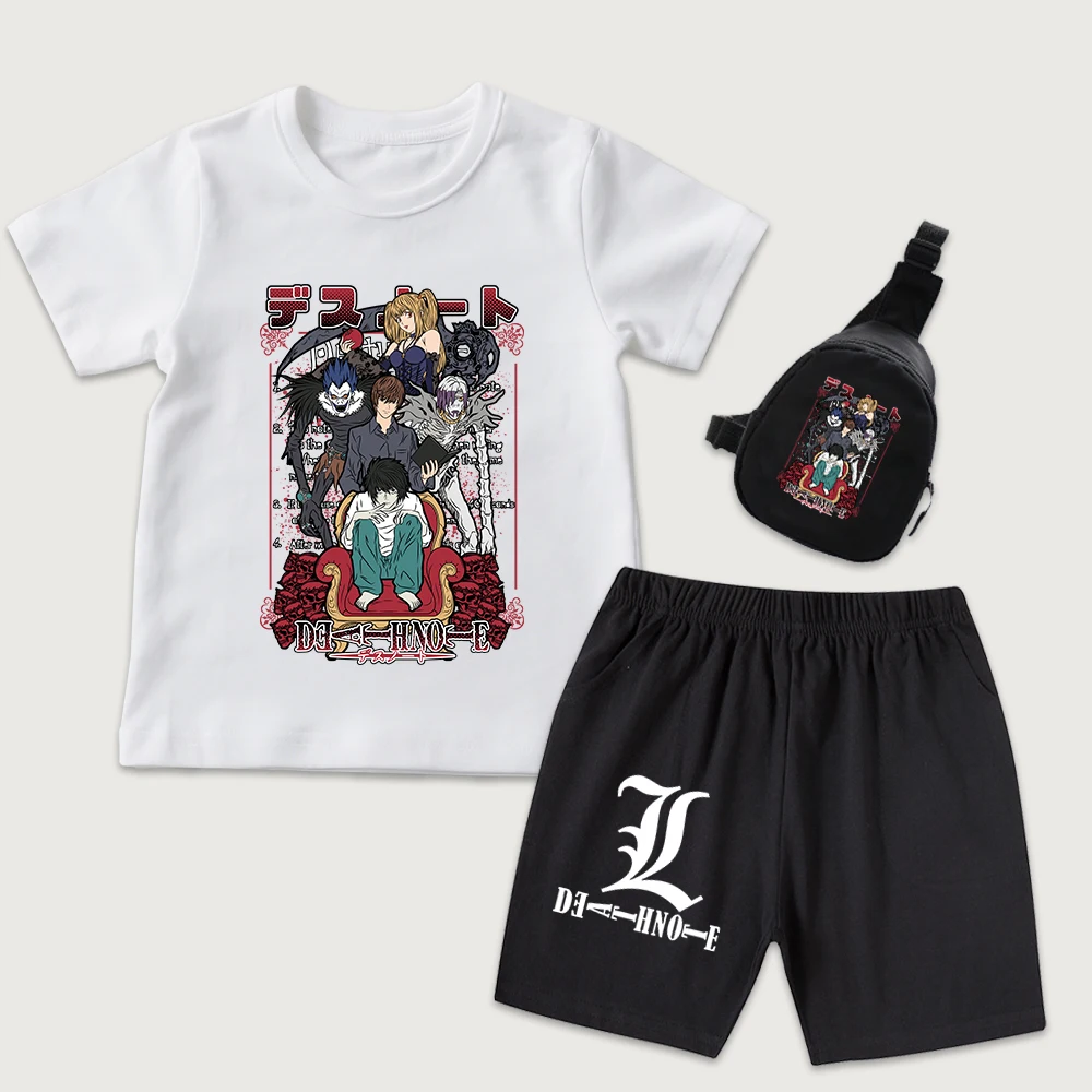Death Note Anime Print Kids T-Shirt And Shorts Set With Mini Chest Bag 3 Piece Outfit For Boys Girls And Teens