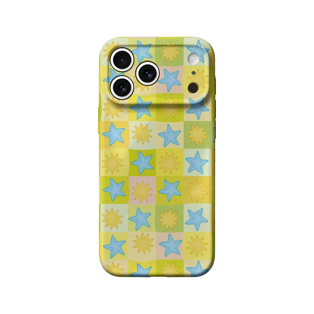 Blue Yellow Star Grid Phone Case For iPhone 17 16 15 14 13 12 11 Pro Max Air 16e 7 8 Plus XS Max X XR Hard PC Bumper Cover