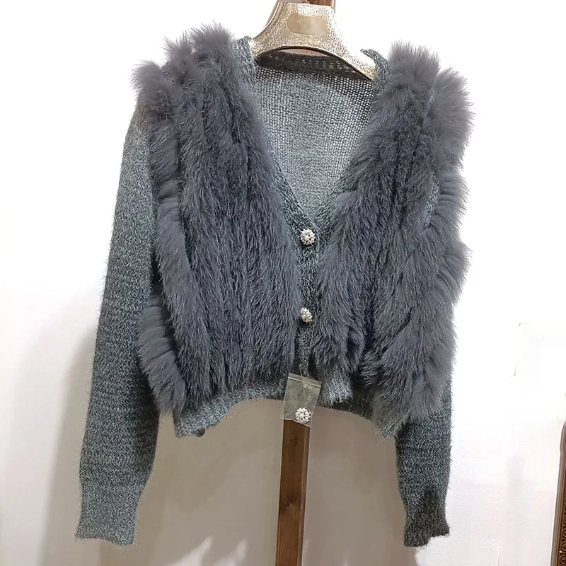 Women Spring Loose Real Fox Fur Stripe Coat 2023 Sewed  Real Fur Outside Decoration Female Fashion Sweater Cardigan