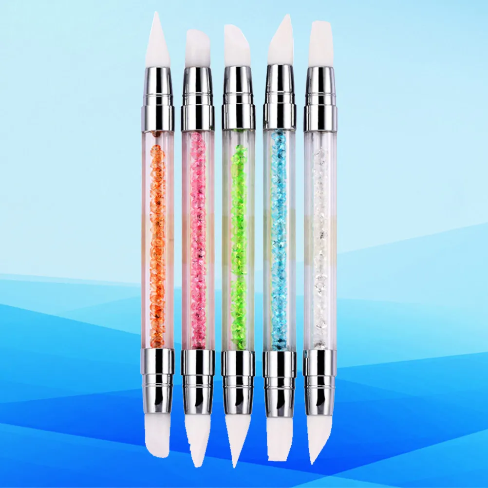 5Pcs Nail Art Pen Brush Set Silicone Acrylic Double-Ended Diamond-Tipped Manicure Tool for Fine Line Drawing Carving Hollowing