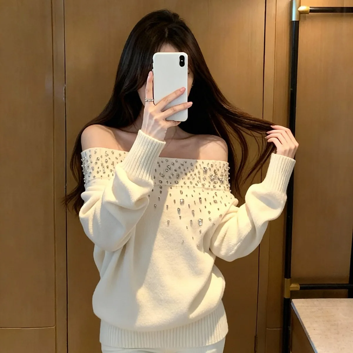 

Women's Knitted Diamond Embellied Sweater oulder Baring Layering Top Autumn Winter New Sle Straight Tube Long Sve