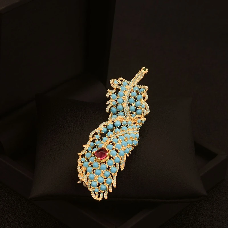 Vintage Blue Turquoise Leaf Brooch Large Suit Jacket High-end Accessory Elegant Feather Pin Fixed Chest Flower Jewelry Gift 6110