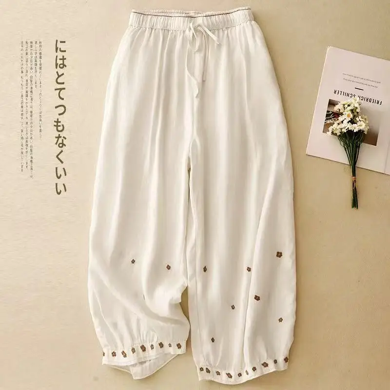 2025年夏新作 レディース カジュアルパンツ レトロ 無地 刺繍入り ウエストゴム ルーズ 九分丈 ランタンパンツ