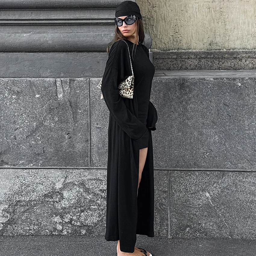 HiLoc Black Knitted Elastic Fashion Women'S Pajamas Two-Piece Long Sleeve Long Robe Round Neck Slim Above Knee Mini Nightdress