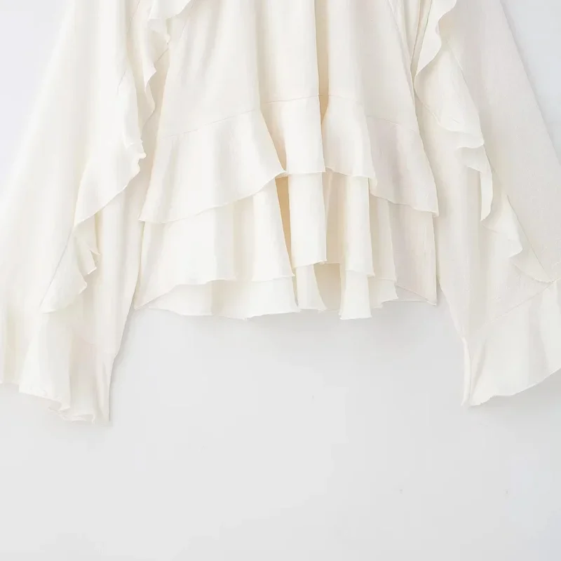 Otoño nuevas mujeres recortadas blusa con volantes Top de manga larga camisas lisas fruncidas blusas femeninas hermosas en capas