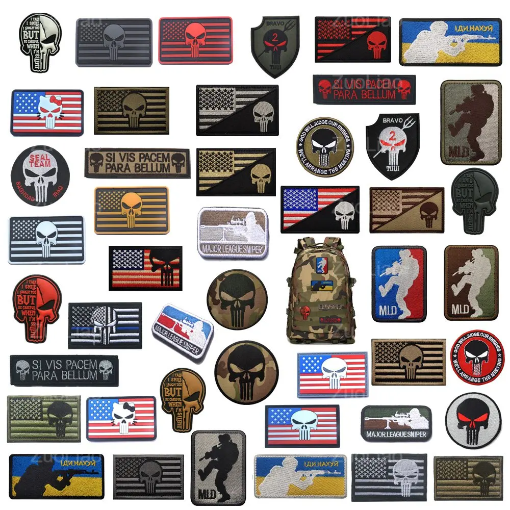 ZuoLiao-Emblema de mochila ao ar livre, Bordado 3D, Pano Punisher, Bandeira Americana PVC, Braçadeira Jaqueta, Patches Gancho para Vestuário