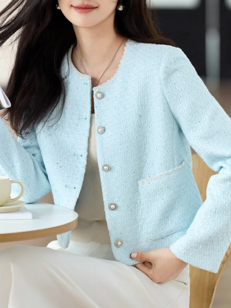 Elegant Jackets Women All-match Commuting High Street Long Sleeve Chic Korean Style Temperament Blue O-neck Spring Autumn Cozy