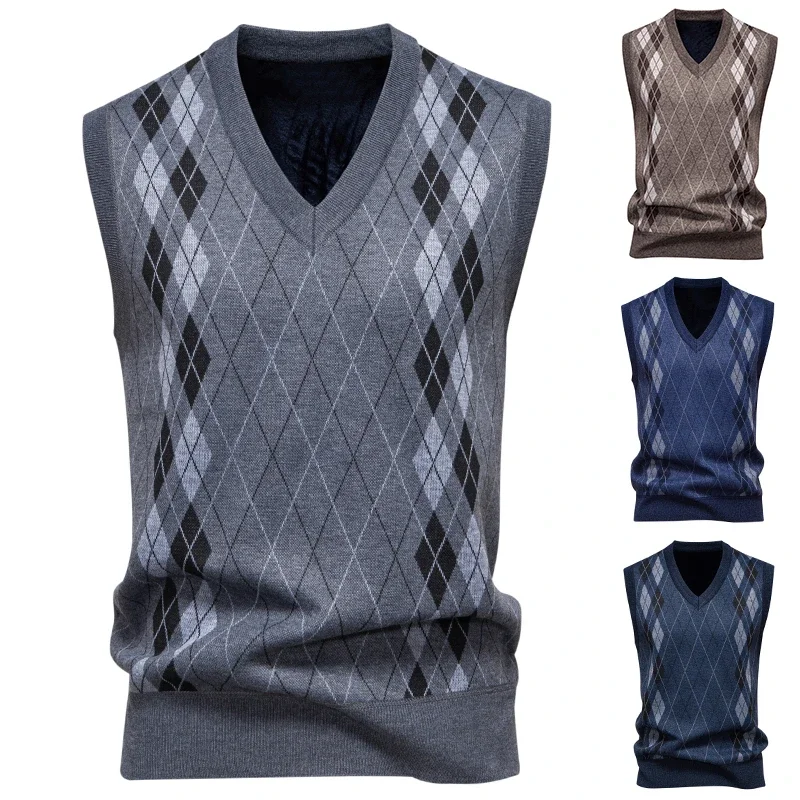 Men's V-neck Knitted Sweater Warm Autumn Winter Diamond Grid Twisted Flower Casual Fashion Versatile Knit Top