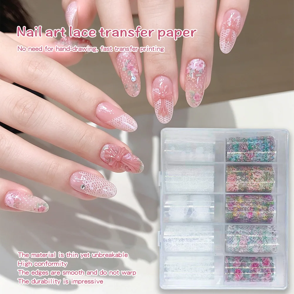 10 Rolls Lace Nail Transfer Paper Box Floral Lace Nail Foil Transfer Stickers Box Nail Transfer Foil Summer Nail Decoration DIY