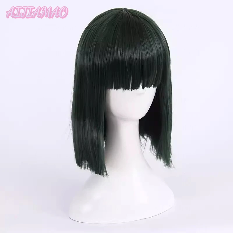 Fubuki Wig Cosplay wanita, rambut sintetis tahan panas hijau dalam Bobo Fubuki + topi Wig