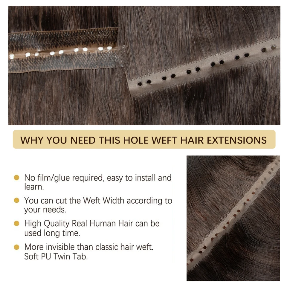 Extensiones de cabello con weft de mariposa, cabello humano invisible PU plano con agujeros y pestañas dobles, 12-24 pulgadas, aplicación con microanillos, 40-50g 2