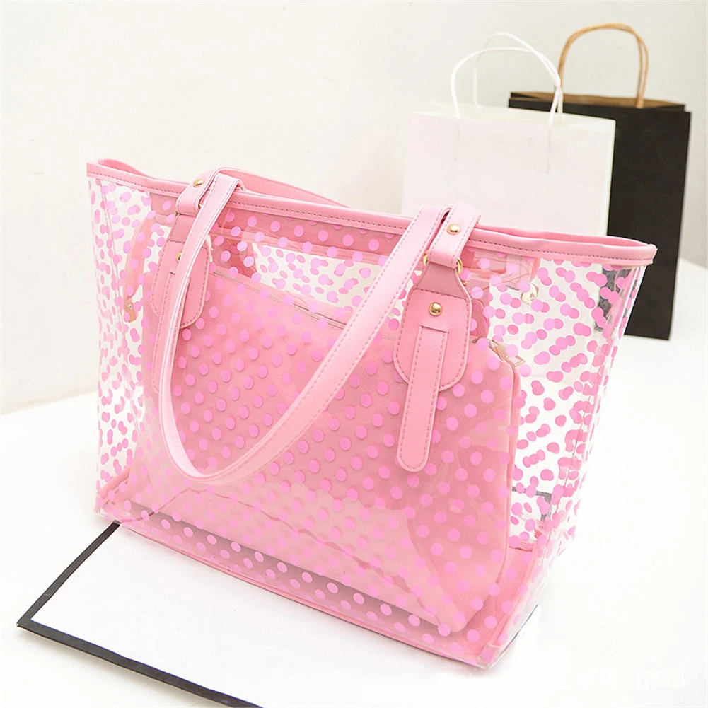 Women Transparent Handbag Candy Color Round Dot Decor Compound Beach Shoulder Bag 2023 New Ladies Luxury Designer Tote Purses