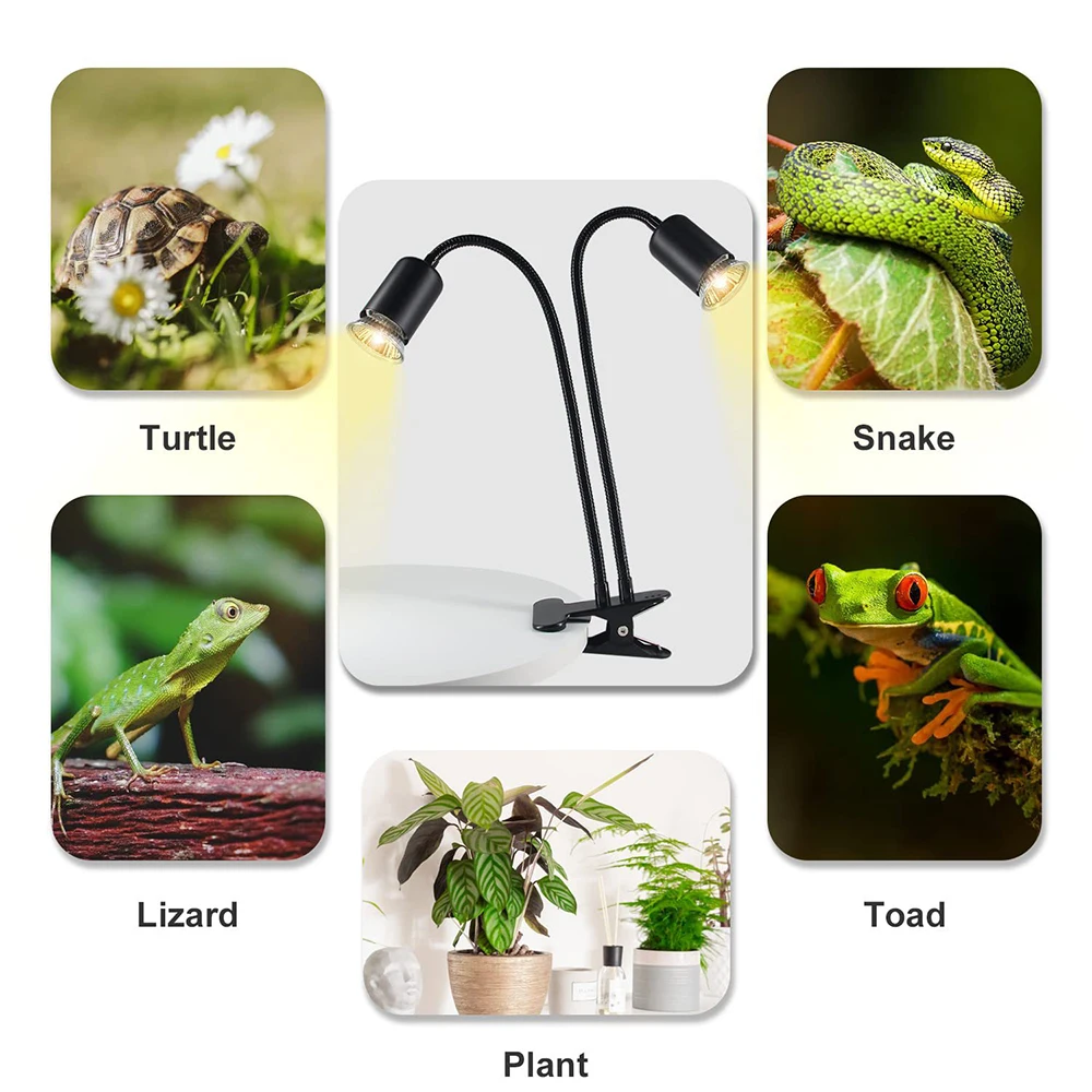 Reptile Heat Lamp Rotating Double-Head Reptile Light Bracket UVA/UVB  Bulb 25W/50W/75W for Turtle Lizards Snake Plants