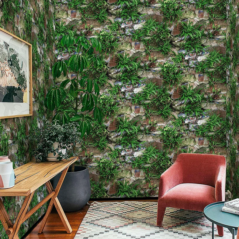 Wabi Sabi Style Vintage Stone Wall Light Green Plant Home Wallpaper for Living Room Study Balcony Guesthouse Coffee Shop